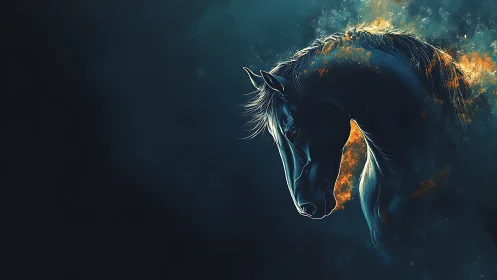 Fiery ethereal horse head emerging from dark teal void