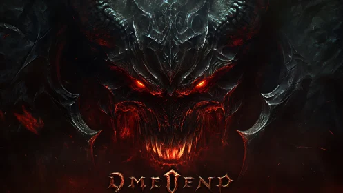 Infernal demonic visage with glowing embers and horned carapace