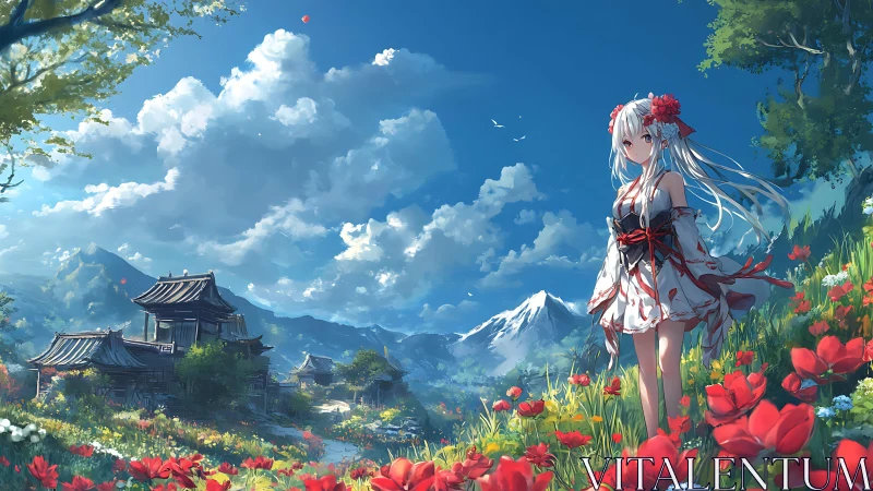 Anime girl in floral kimono stands before mountains and temples