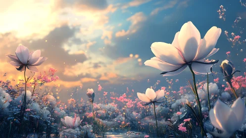 Luminous Cosmos Flowers: Ethereal Bloom Fields Beneath Fractured Sky