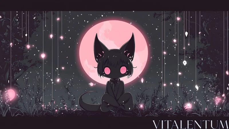 Moonlit cat spirit resting beneath a softly glowing sky.