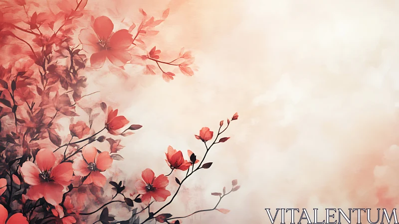 Coral-toned flowering branches with delicate blossoms against soft neutral background