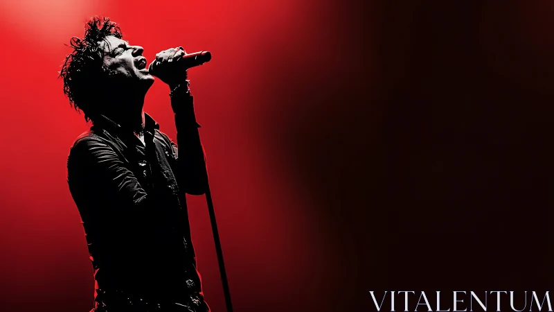 Rock vocalist silhouettes against vivid red concert backdrop