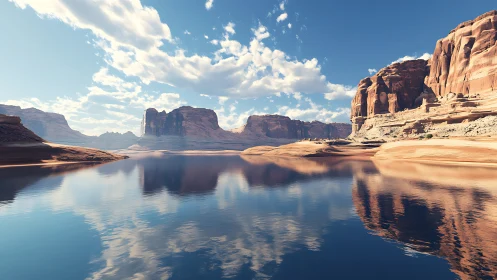Photorealistic desert canyon lake with mirrored sandstone cliffs.