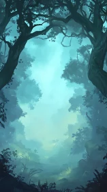 Mystical Forest Canopy Path. Glowing turquoise light.