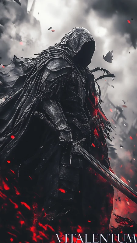 Hooded dark knight in scorched battlefield, glowing embers rising