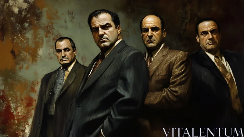 Imposing suited mobsters stand in moody, painterly light.