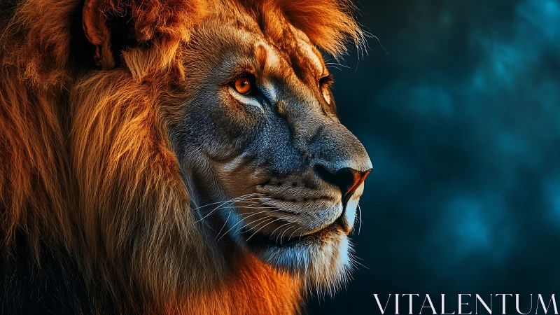 Golden light on a thoughtful lion against deep blue dusk.