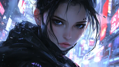 Digital portrait frames wet-haired figure in neon cityscape