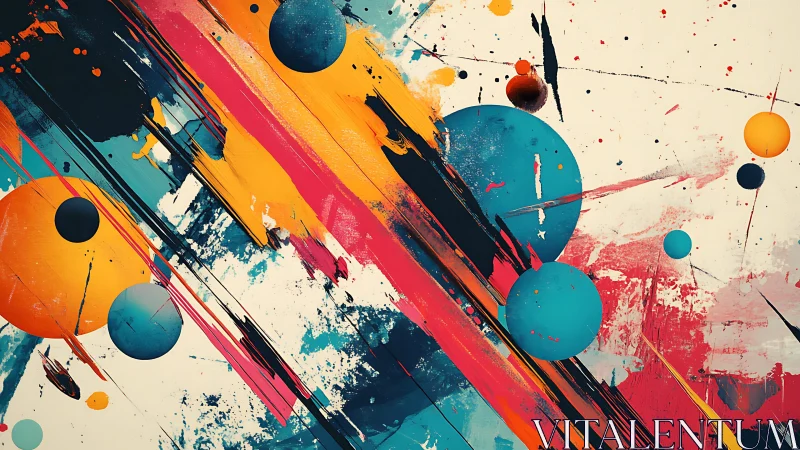 Colorful Abstract Painting with Bold Spheres and Dynamic Strokes.