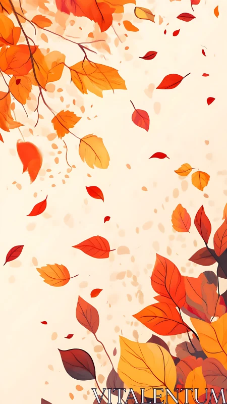 Autumn leaves drift diagonally across a pale vertical canvas