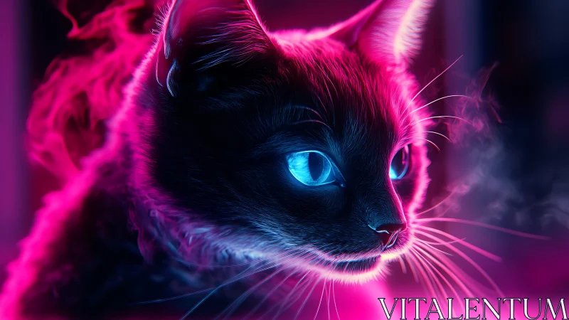 Neon cyberpunk cat portrait with glowing electric eyes.