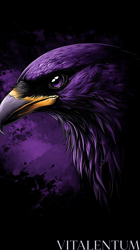 Vivid purple raven profile dominates dark splattered background