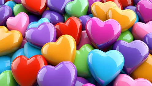 Vibrant 3D Glossy Hearts Cascade in Multicolored Array