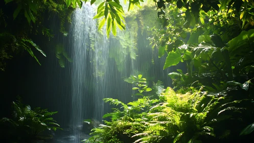 Rainforest Waterfall Among Verdant Canopy and Fern Undergrowth.