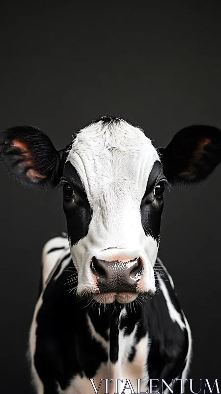 Holstein calf frontal portrait on dark studio background.