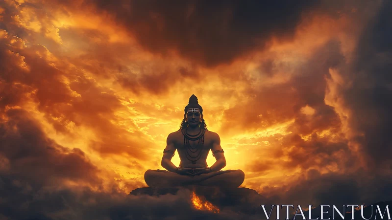 Meditating deity silhouette against dense sunset clouds.