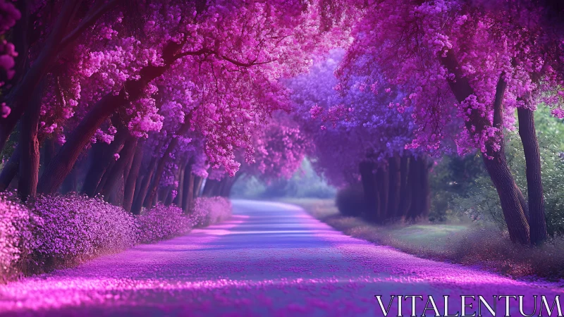 Pink flowered tree tunnel over quiet country pathway.