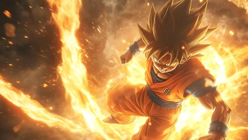 Fiery anime warrior charging amid intense energy spiral.