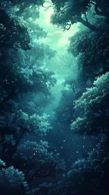 Ethereal Forest Canopy with Luminous Sky Opening.