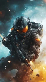 Armored space soldier charging through explosive battle.