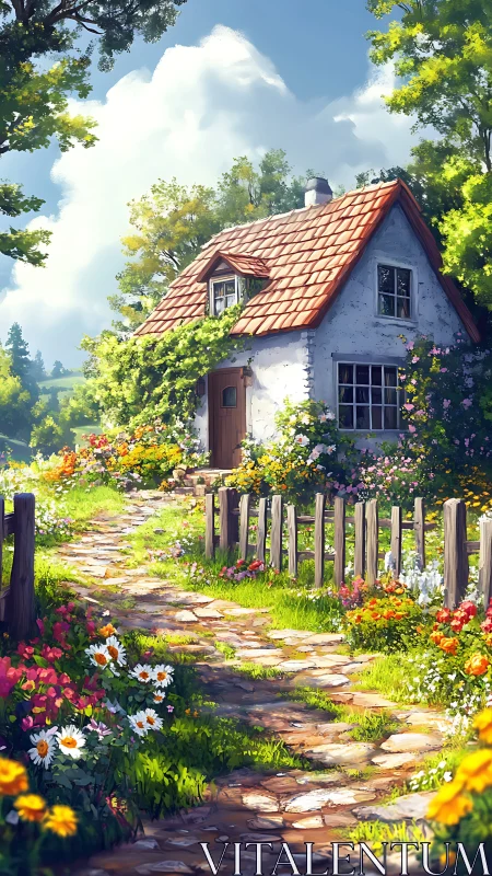 Sunlit cottage path winding through a joyful flower garden.
