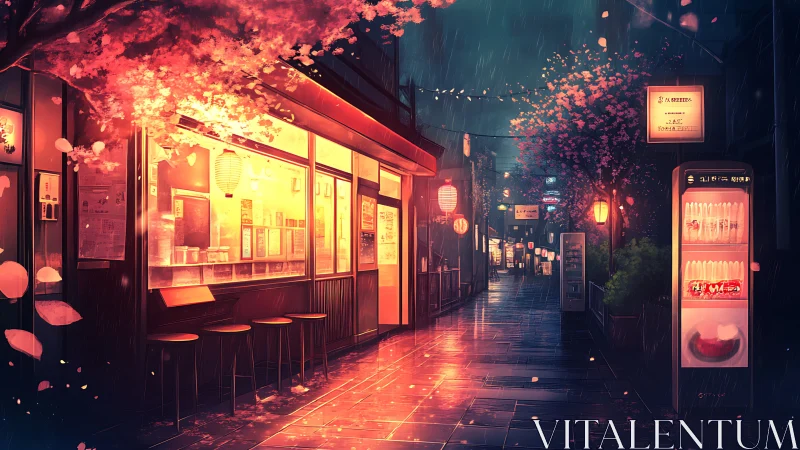 Lantern-warmed ramen alley hushes a rainy neon evening