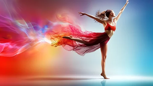 Dynamic dancer in red leaping across vivid gradient background.