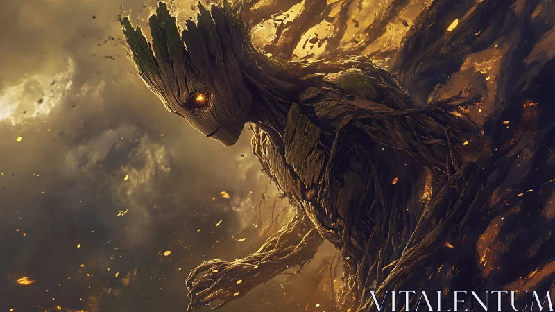 Ember-eyed forest guardian strides through stormlit ash skies.