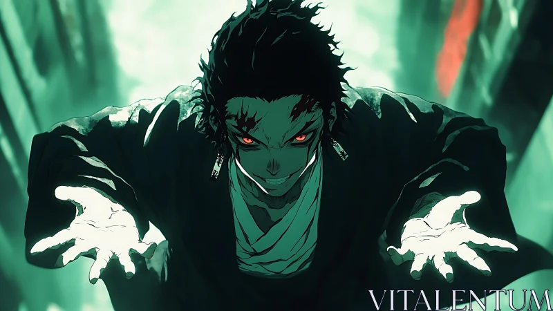 Crimson eyed sorcerer lunges forward through emerald gloom