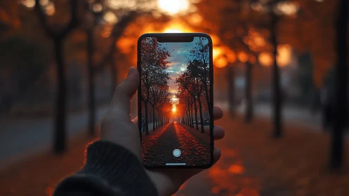 Sunlit autumn avenue framed in a smartphone window.