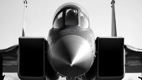 Close frontal black and white view of modern jet fighter.