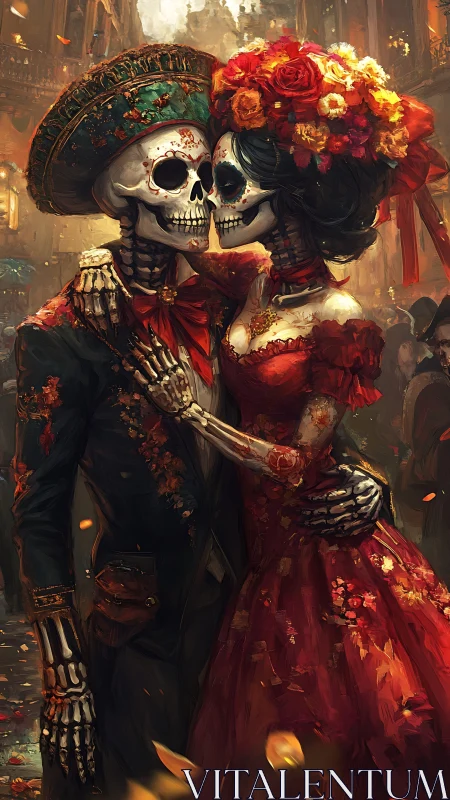 Digital painting of D&iacute;a de Muertos skeletal couple in embrace.