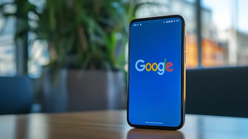 Android Smartphone with Google Logo Display on Wooden Desk Surface