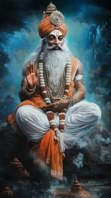 Meditative spiritual guru in orange robes floating serenely.