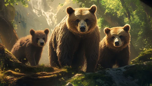 Bear family stands alert in golden, misty forest light