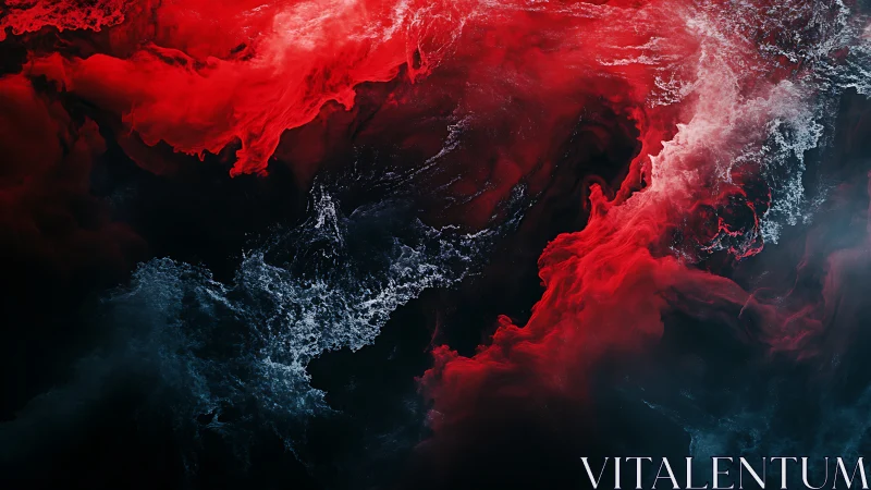Crimson fluid plumes collide with dark turbulent ocean spray