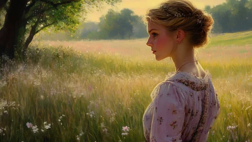 Sunlit daydream with a young woman in wildflower fields.