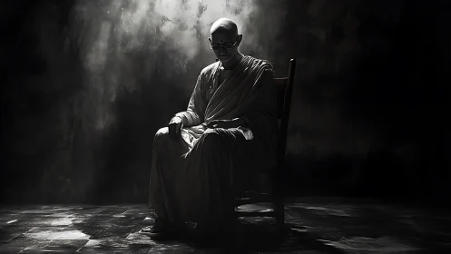 Quietly reflective monk resting in a pool of soft light.