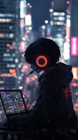 Night city gamer wrapped in neon glow and quiet focus.