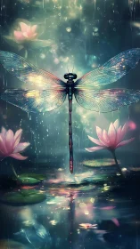 Dragonfly over reflective pond with lotus flowers at dusk.