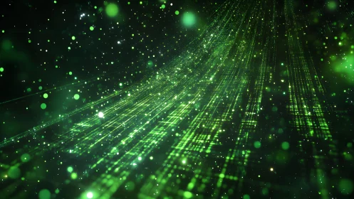 Futuristic green digital matrix landscape with glowing particles.