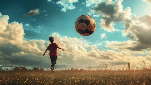 Skywide soccer dreamscape where childhood chases gravity.