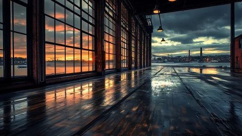 Harbor loft windows catching molten sunset on polished floorboards.