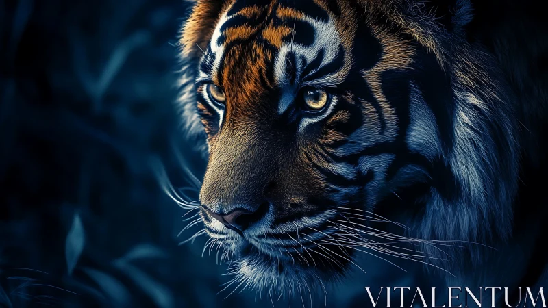 Nocturnal tiger portrait with high-contrast chromatic lighting.