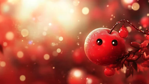 Red glossy fruit character hangs on branch in soft bokeh light