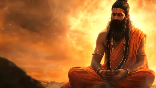 Sunlit sage in deep meditation amid swirling golden cosmos.