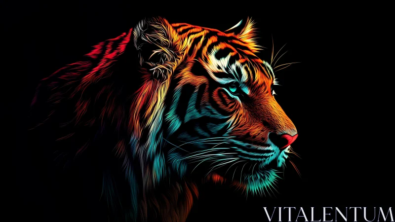 Tiger profile rendered in neon gradient digital line art