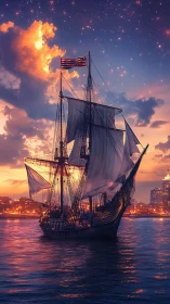 Tall ship under illuminated dusk sky with reflective harbor water