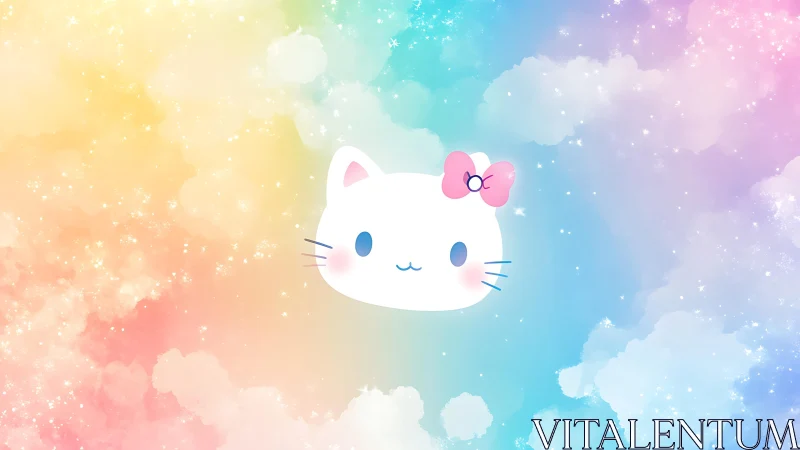 Pastel rainbow kitty drifts through dreamy cotton clouds.